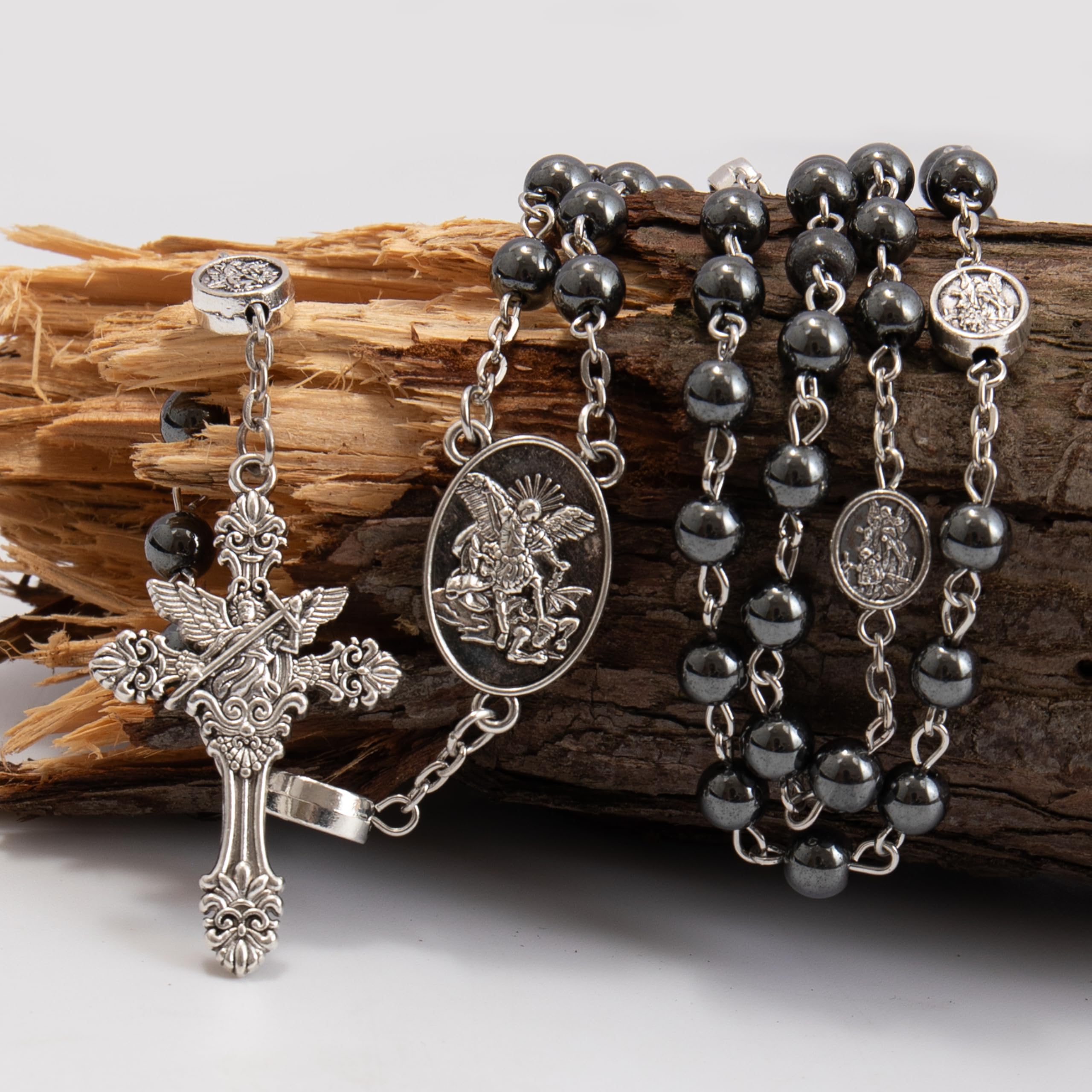 Nazareth Store St Michael Rosary Hematite Stone Beads Necklace Metal Beaded Glory Beads Archangel Medal & Cross with Metal Gift Box - Image 7
