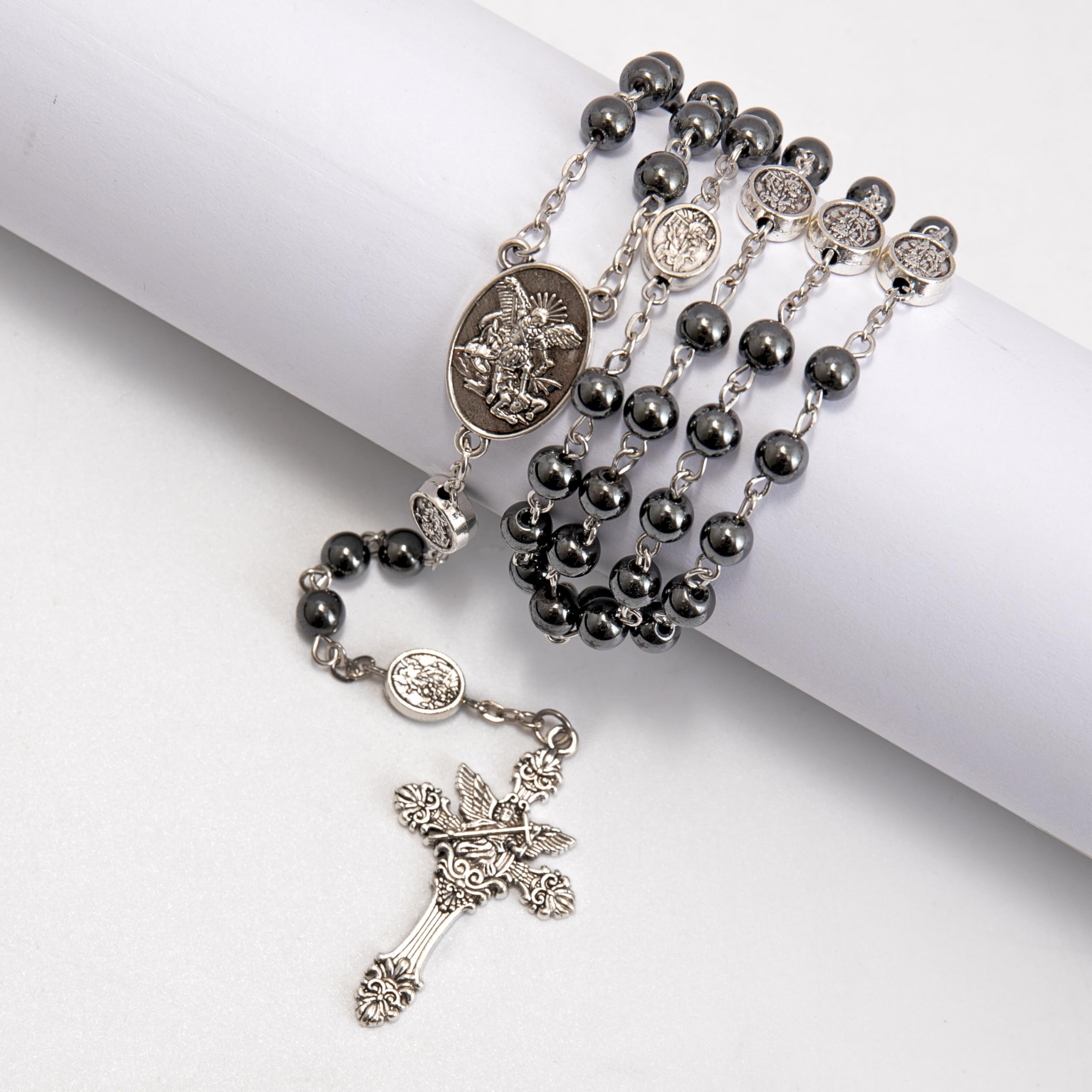 Nazareth Store St Michael Rosary Hematite Stone Beads Necklace Metal Beaded Glory Beads Archangel Medal & Cross with Metal Gift Box - Image 8