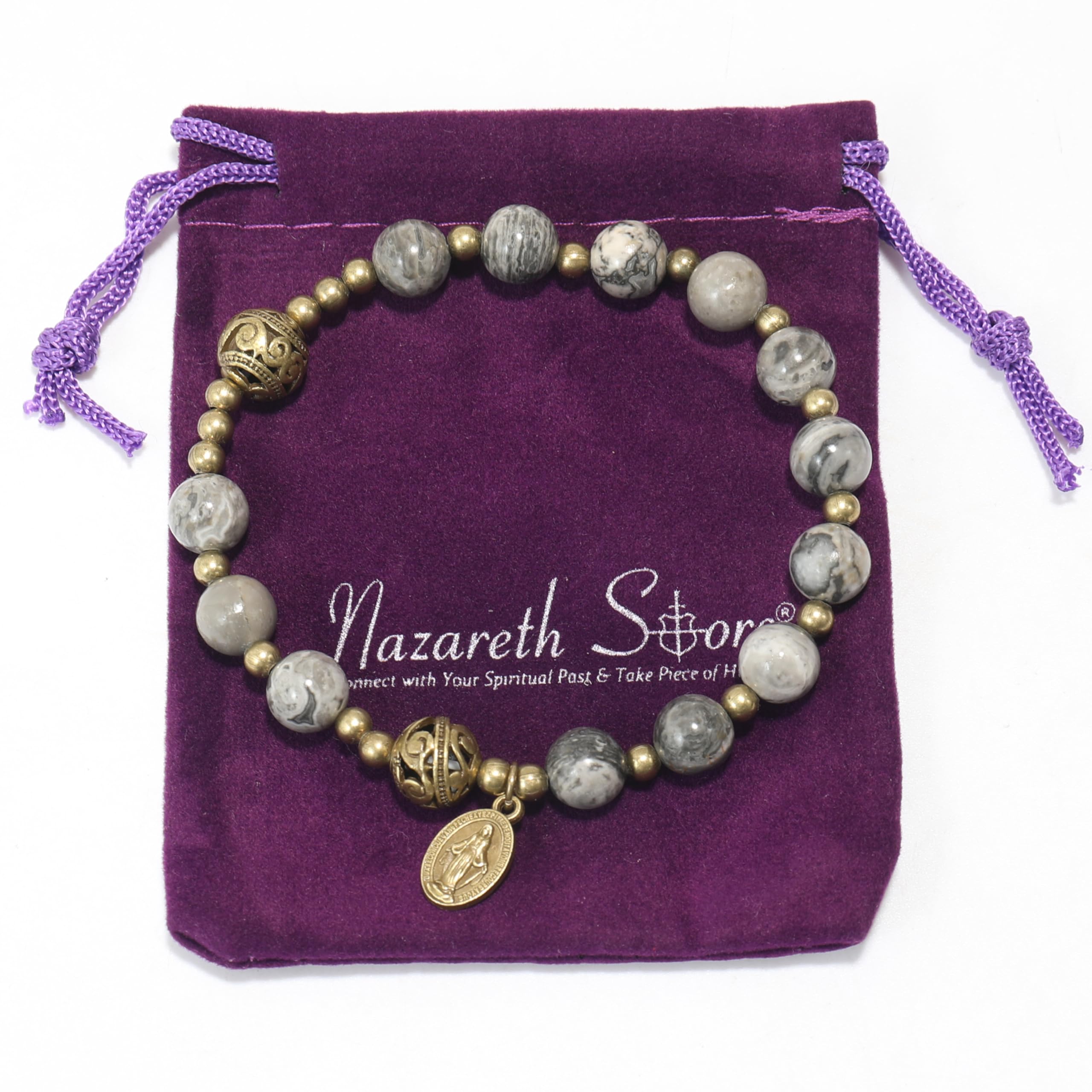 Nazareth Store Stone Beads Rosary Bracelet with Metal Separators and Catholic Medal - Durable and Elegant Wrist Jewelry - Image 5