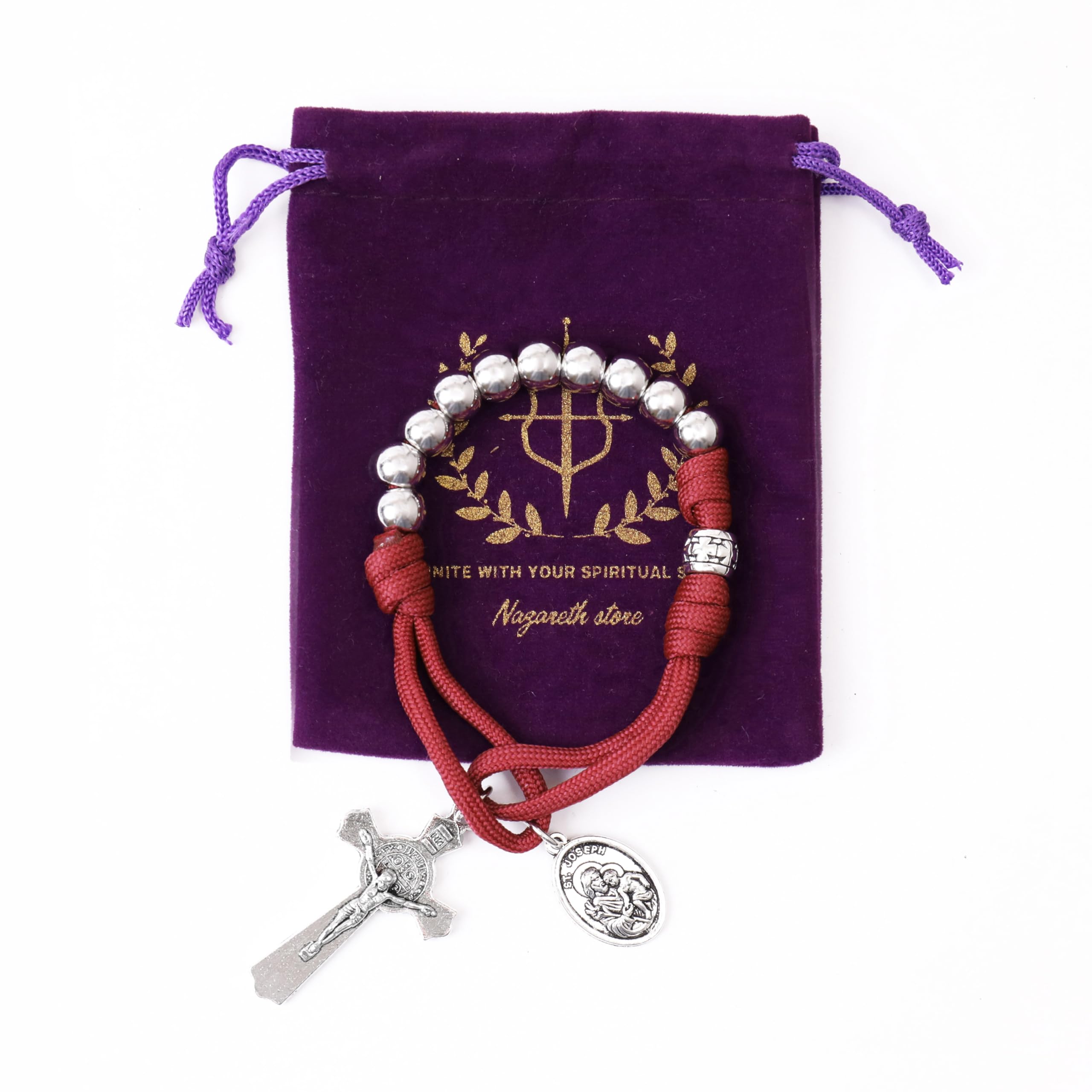 Nazareth Store Strong Military One Decade Paracord Rosary Silver Beads Pocket Car Rosary Pray For Us St. Joseph Medal & St. Benedict Cross - Image 3