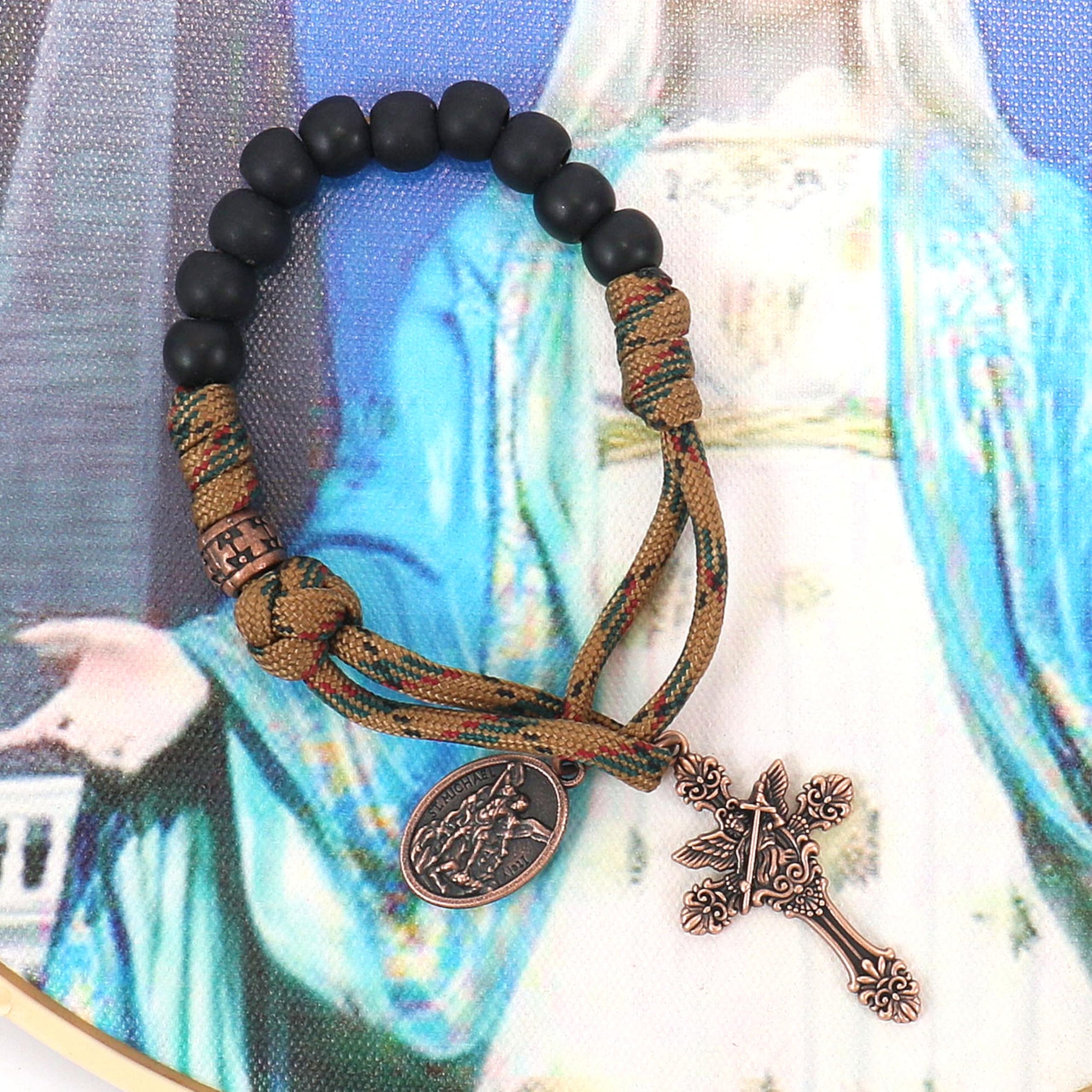 Nazareth Store Strong One Decade Paracord Rosary Black Beads Pocket Car Rosary St Michael Medal & Archangel Cross - Image 5