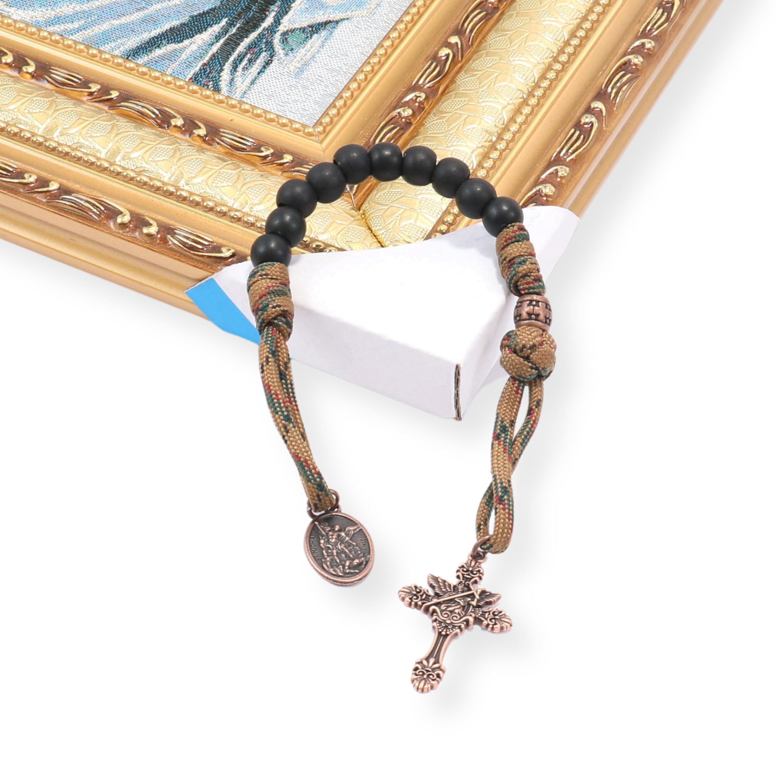 Nazareth Store Strong One Decade Paracord Rosary Black Beads Pocket Car Rosary St Michael Medal & Archangel Cross - Image 6