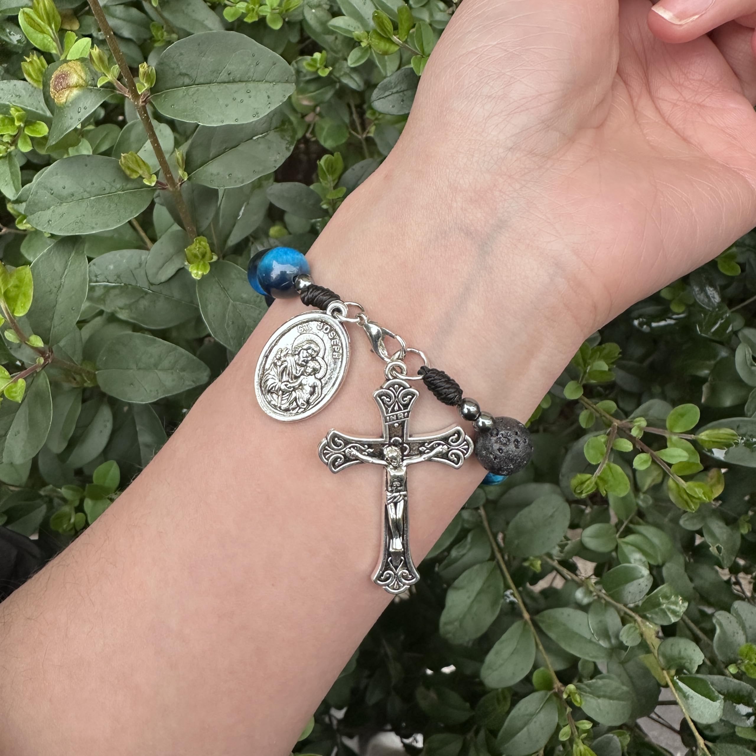 Nazareth Store Tiger Eye Beads One Decade Rosary Handmade Pocket Car Mirror with Saint Joseph Medal and Jesus Cross in Antique Silver Volcanic Stone Travel Friendly Rosary - Image 7