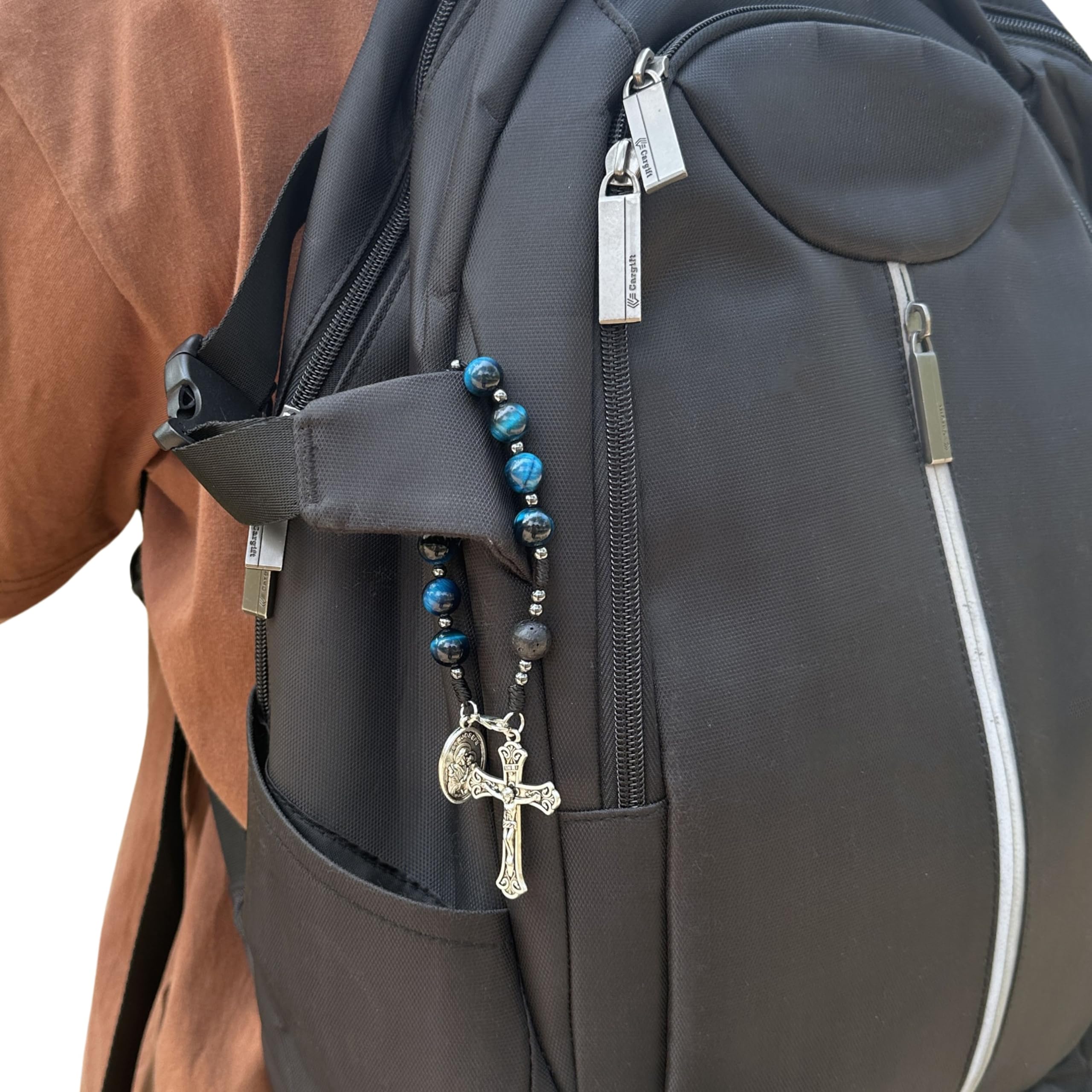 Nazareth Store Tiger Eye Beads One Decade Rosary Handmade Pocket Car Mirror with Saint Joseph Medal and Jesus Cross in Antique Silver Volcanic Stone Travel Friendly Rosary - Image 8