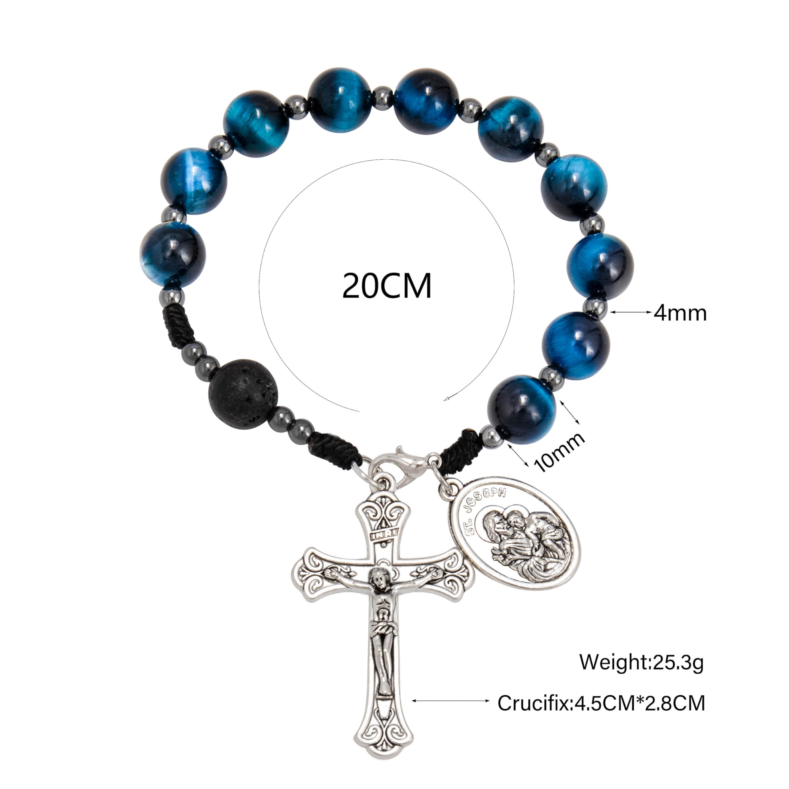 Nazareth Store Tiger Eye Beads One Decade Rosary Handmade Pocket Car Mirror with Saint Joseph Medal and Jesus Cross in Antique Silver Volcanic Stone Travel Friendly Rosary - Image 9