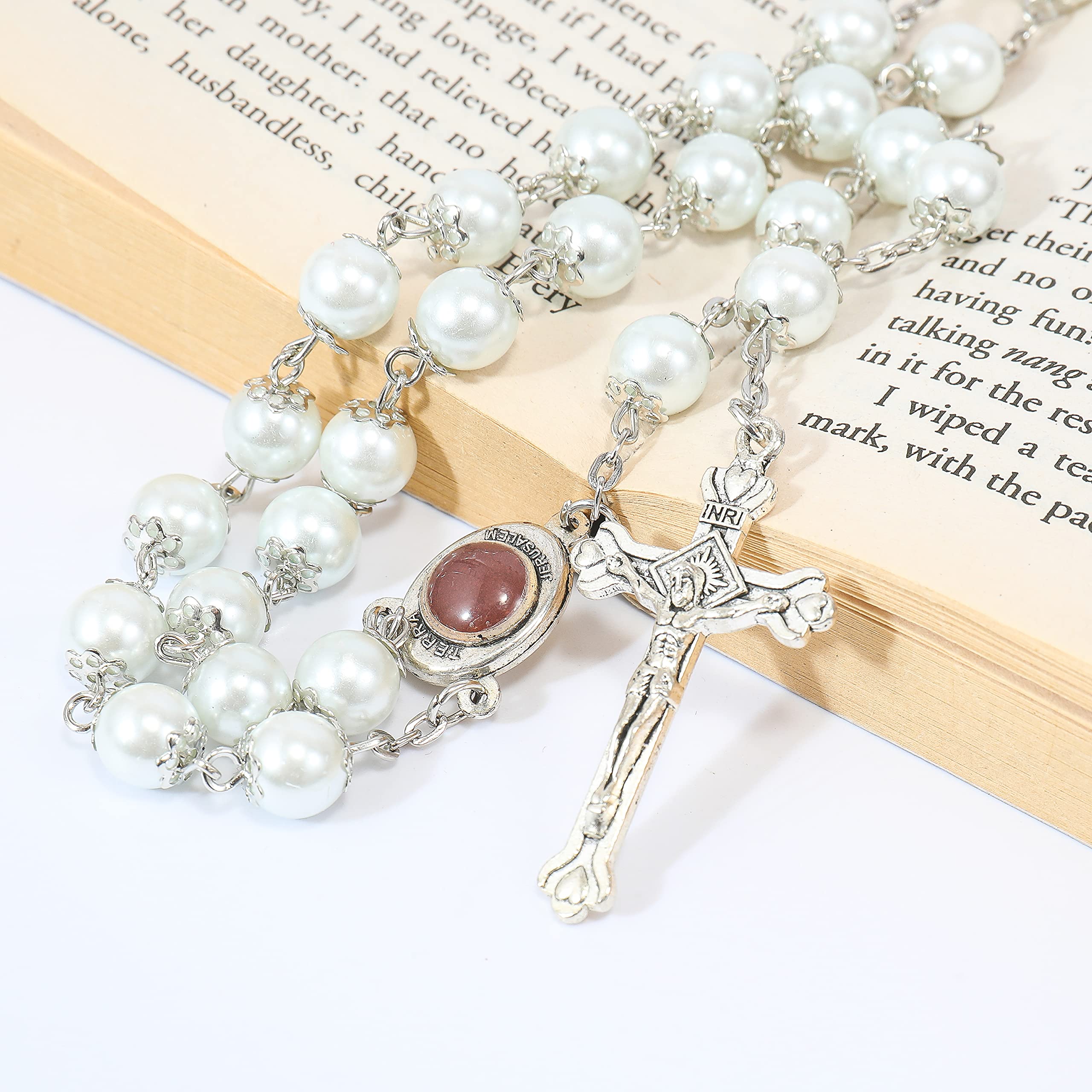 Nazareth Store Wedding White Pearl Beads Rosary Handcrafted Prayer Necklace with Holy Soil Medal and Jesus Cross Crucifix - Image 3
