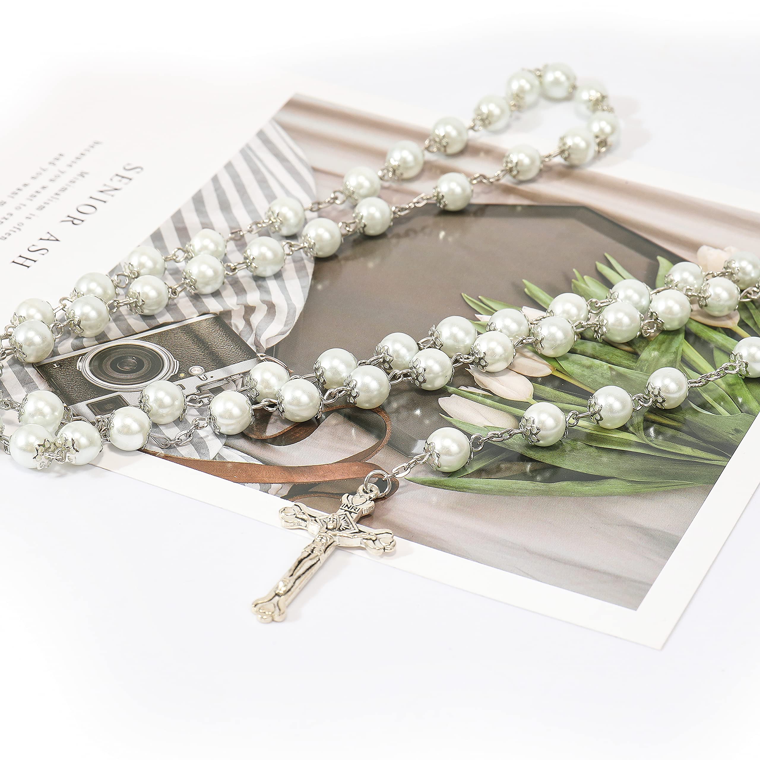 Nazareth Store Wedding White Pearl Beads Rosary Handcrafted Prayer Necklace with Holy Soil Medal and Jesus Cross Crucifix - Image 4