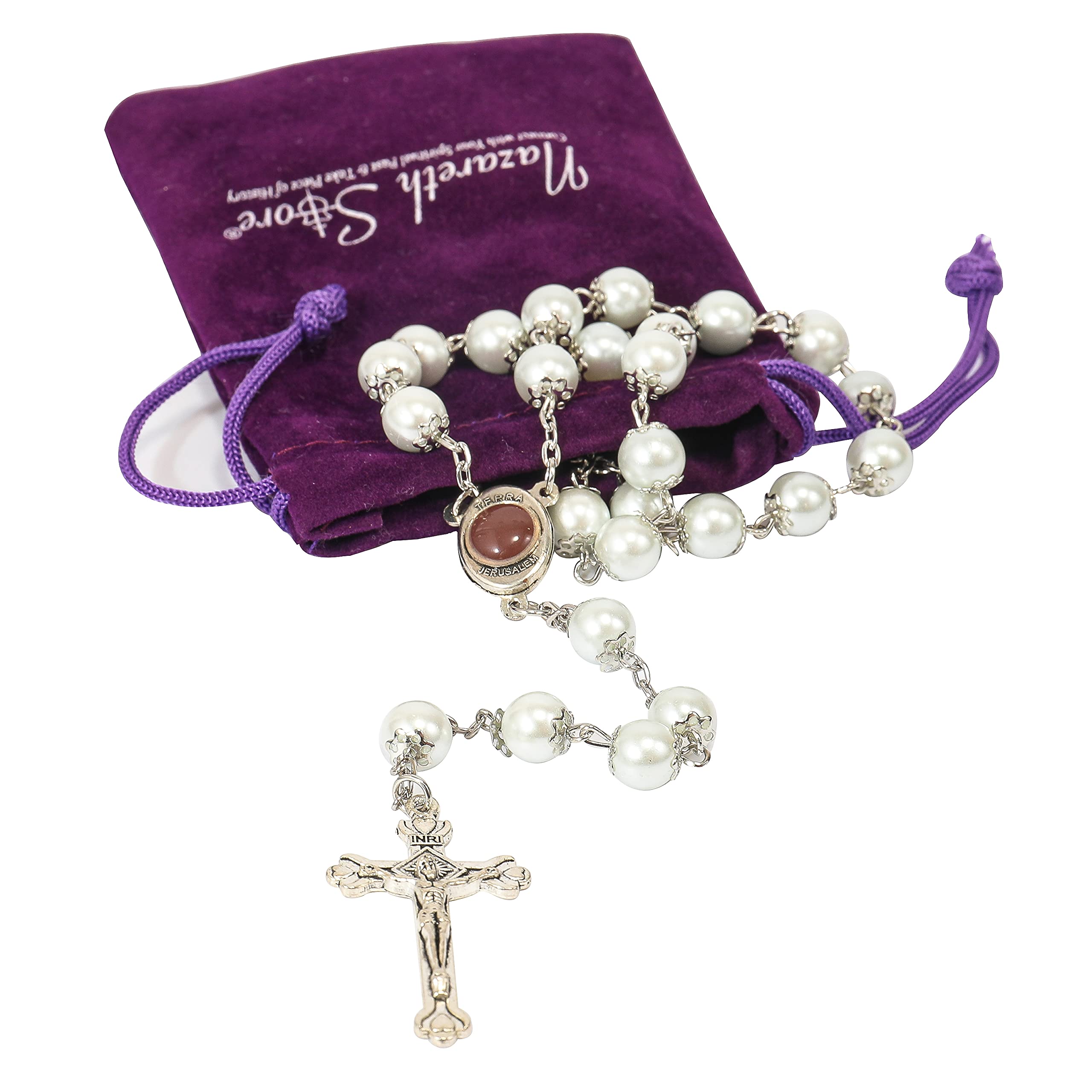 Nazareth Store Wedding White Pearl Beads Rosary Handcrafted Prayer Necklace with Holy Soil Medal and Jesus Cross Crucifix - Image 5