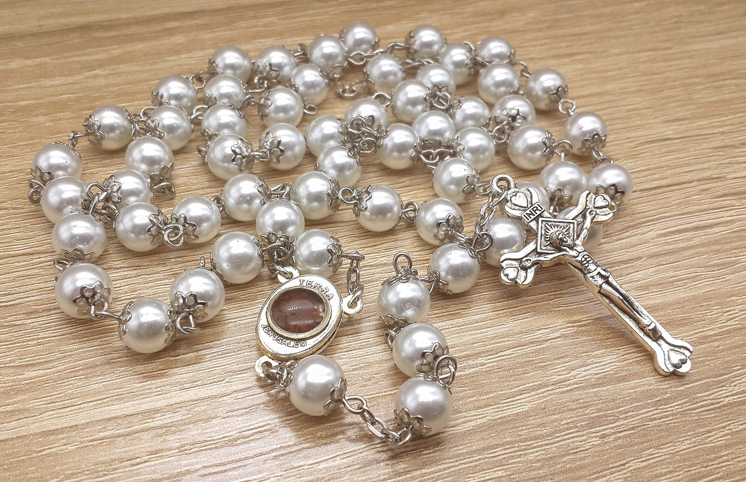 Nazareth Store Wedding White Pearl Beads Rosary Handcrafted Prayer Necklace with Holy Soil Medal and Jesus Cross Crucifix - Image 6