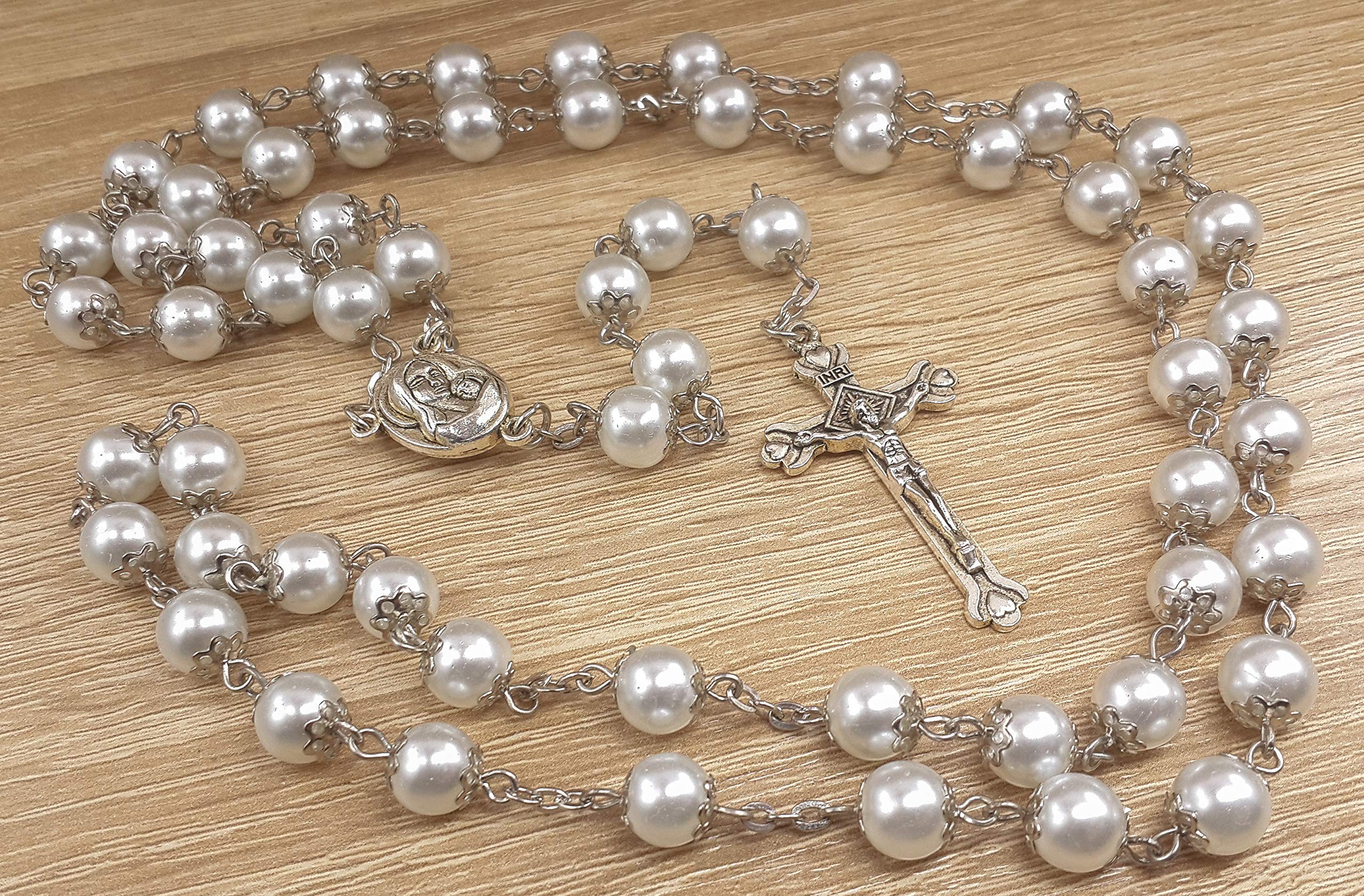 Nazareth Store Wedding White Pearl Beads Rosary Handcrafted Prayer Necklace with Holy Soil Medal and Jesus Cross Crucifix - Image 7