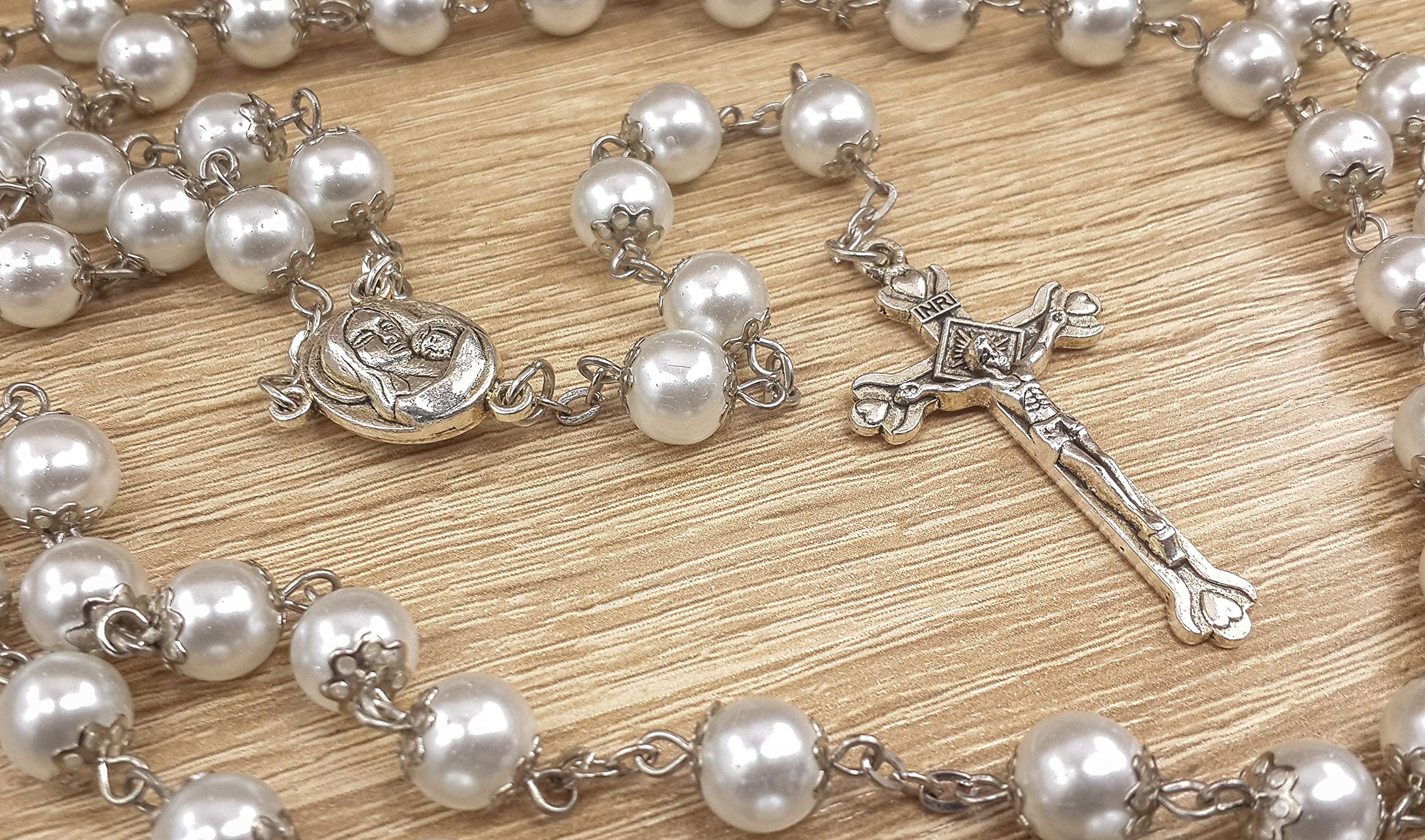 Nazareth Store Wedding White Pearl Beads Rosary Handcrafted Prayer Necklace with Holy Soil Medal and Jesus Cross Crucifix - Image 8