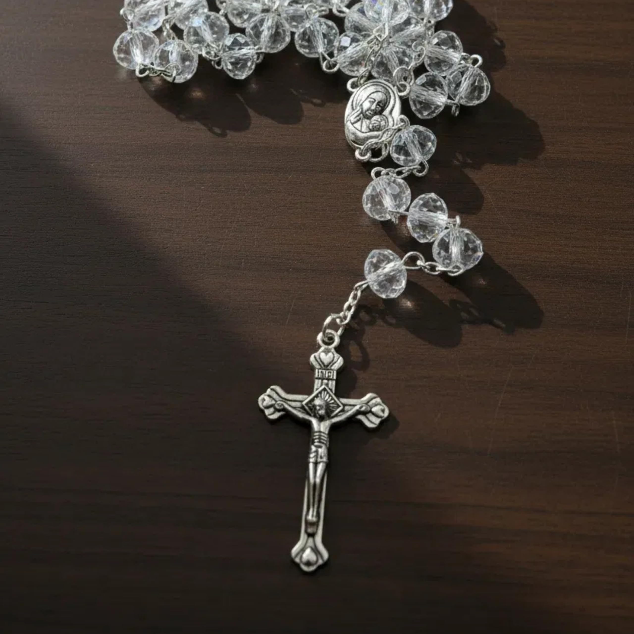 Nazareth Store White Clear Crystal Beads Rosary Prayer Beaded Necklace with Holy Soil Medal and Jesus Cross Communion Rosary - Image 3