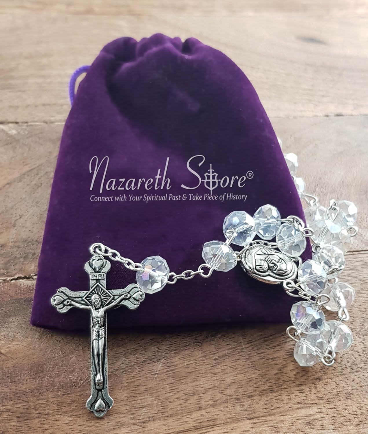 Nazareth Store White Clear Crystal Beads Rosary Prayer Beaded Necklace with Holy Soil Medal and Jesus Cross Communion Rosary - Image 4