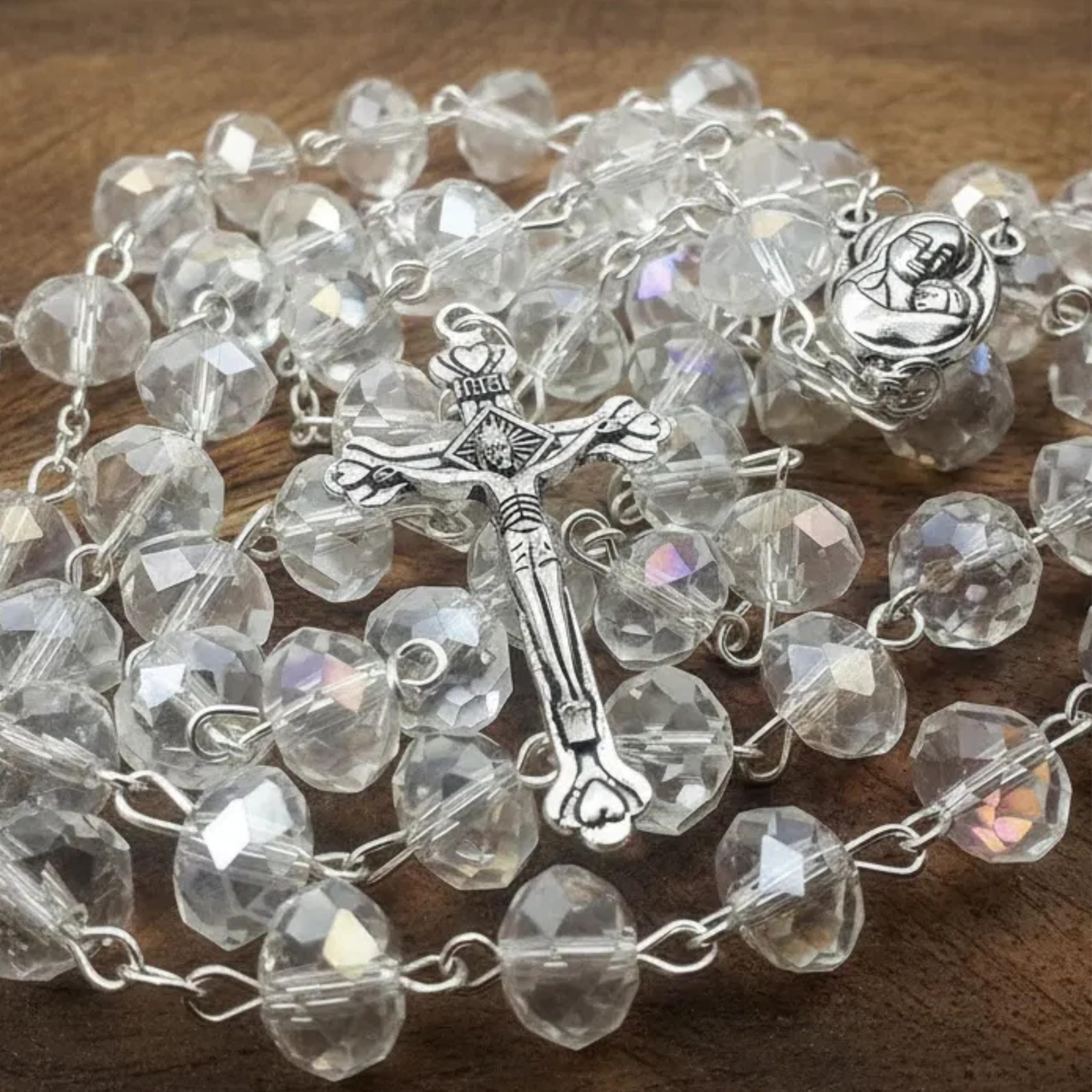 Nazareth Store White Clear Crystal Beads Rosary Prayer Beaded Necklace with Holy Soil Medal and Jesus Cross Communion Rosary - Image 5