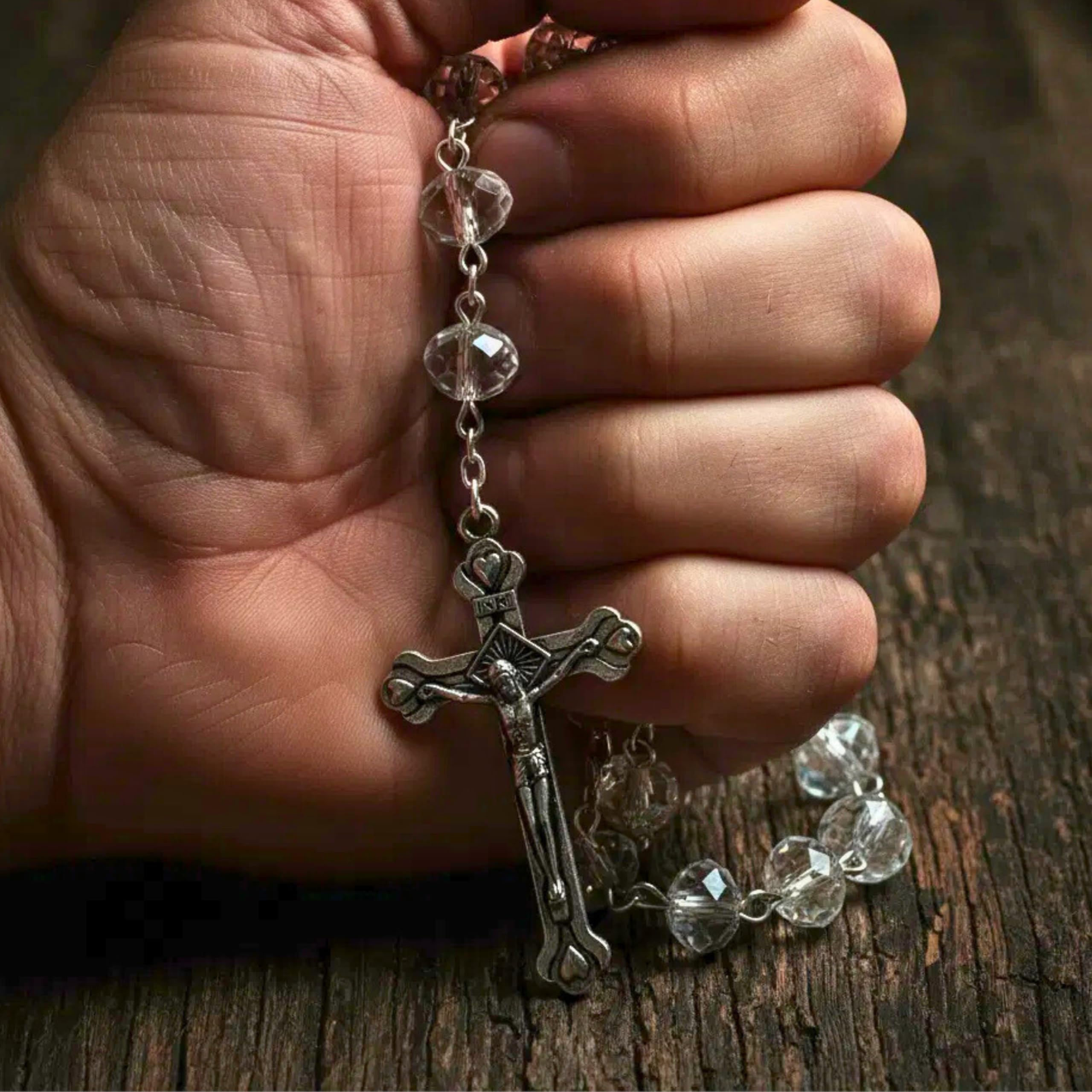 Nazareth Store White Clear Crystal Beads Rosary Prayer Beaded Necklace with Holy Soil Medal and Jesus Cross Communion Rosary - Image 6