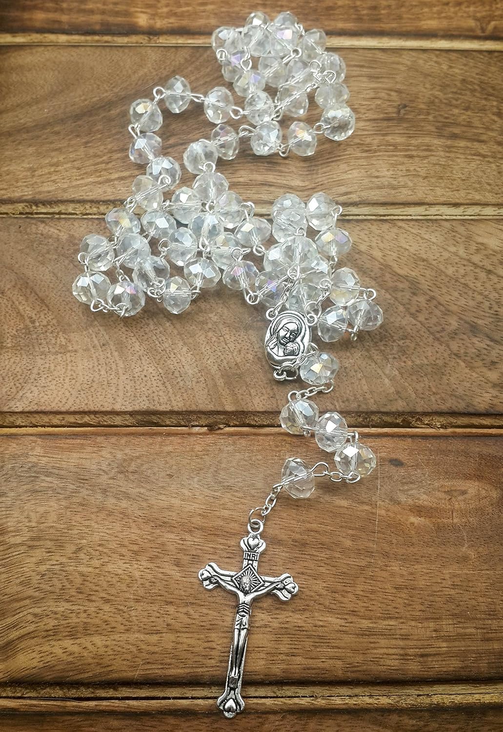 Nazareth Store White Clear Crystal Beads Rosary Prayer Beaded Necklace with Holy Soil Medal and Jesus Cross Communion Rosary - Image 7