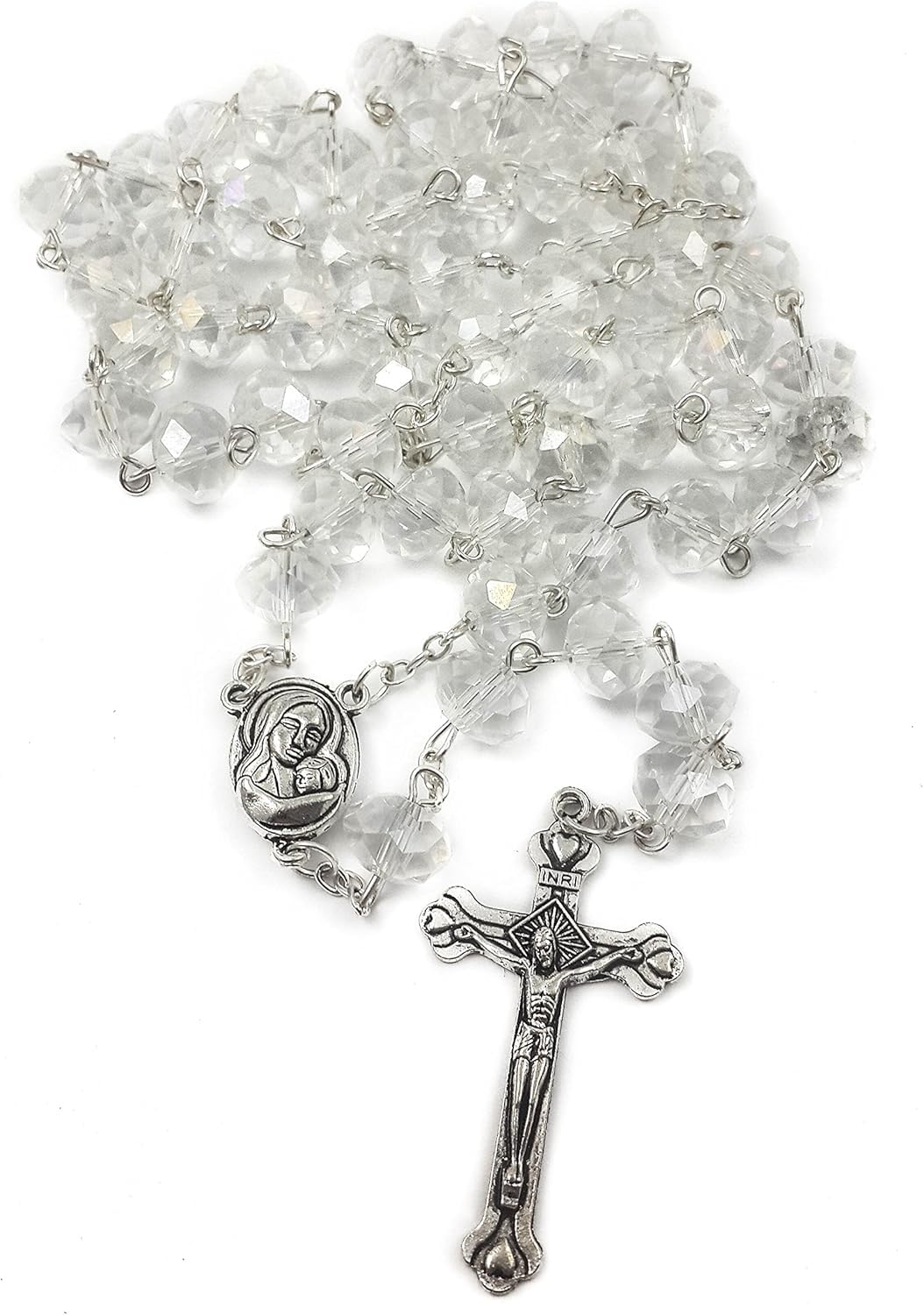 Nazareth Store White Clear Crystal Beads Rosary Prayer Beaded Necklace with Holy Soil Medal and Jesus Cross Communion Rosary - Image 8