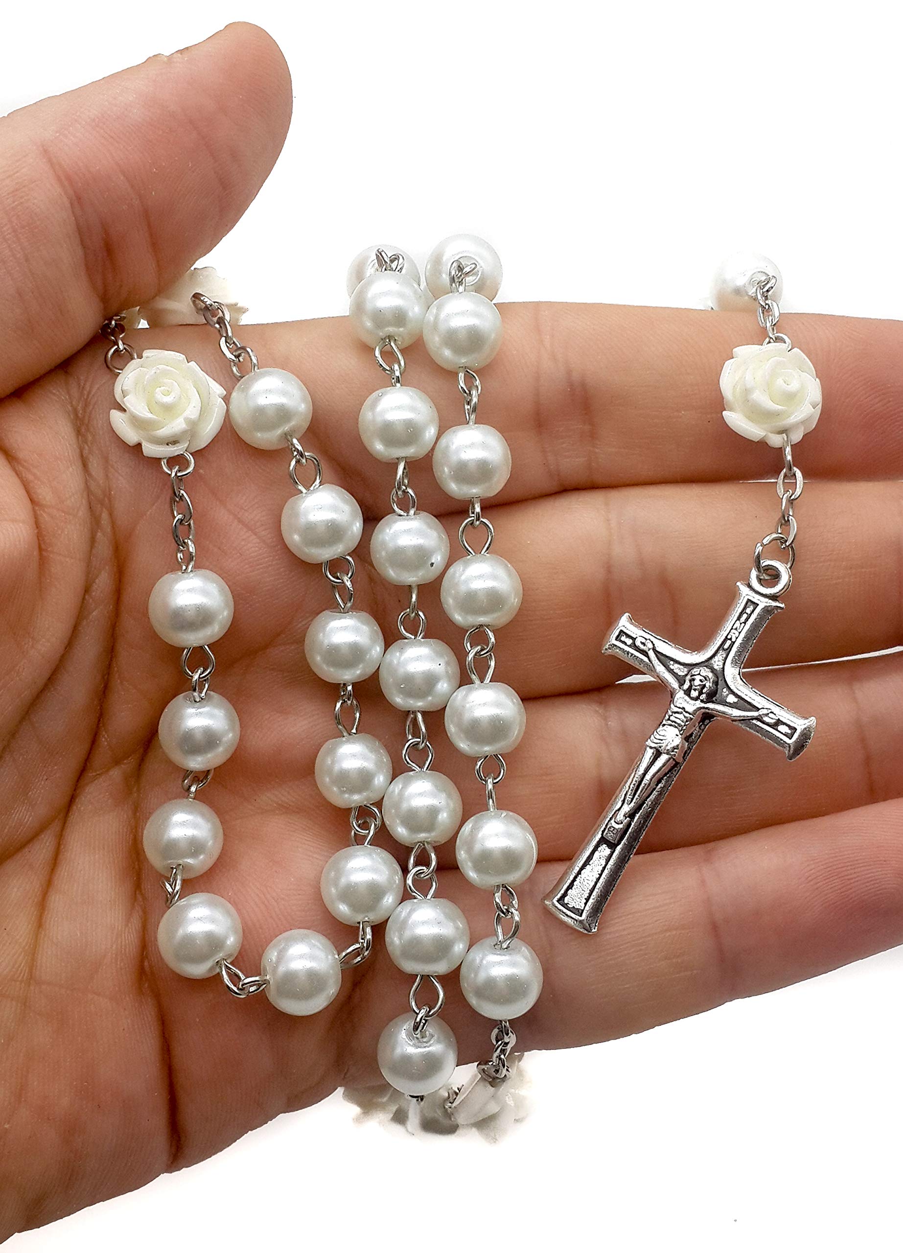 Nazareth Store White Pearl Beads Rosary Roses Mystery Beads Prayer Necklace Our Rose Lourdes Medal and Cross Crucifix - Image 3