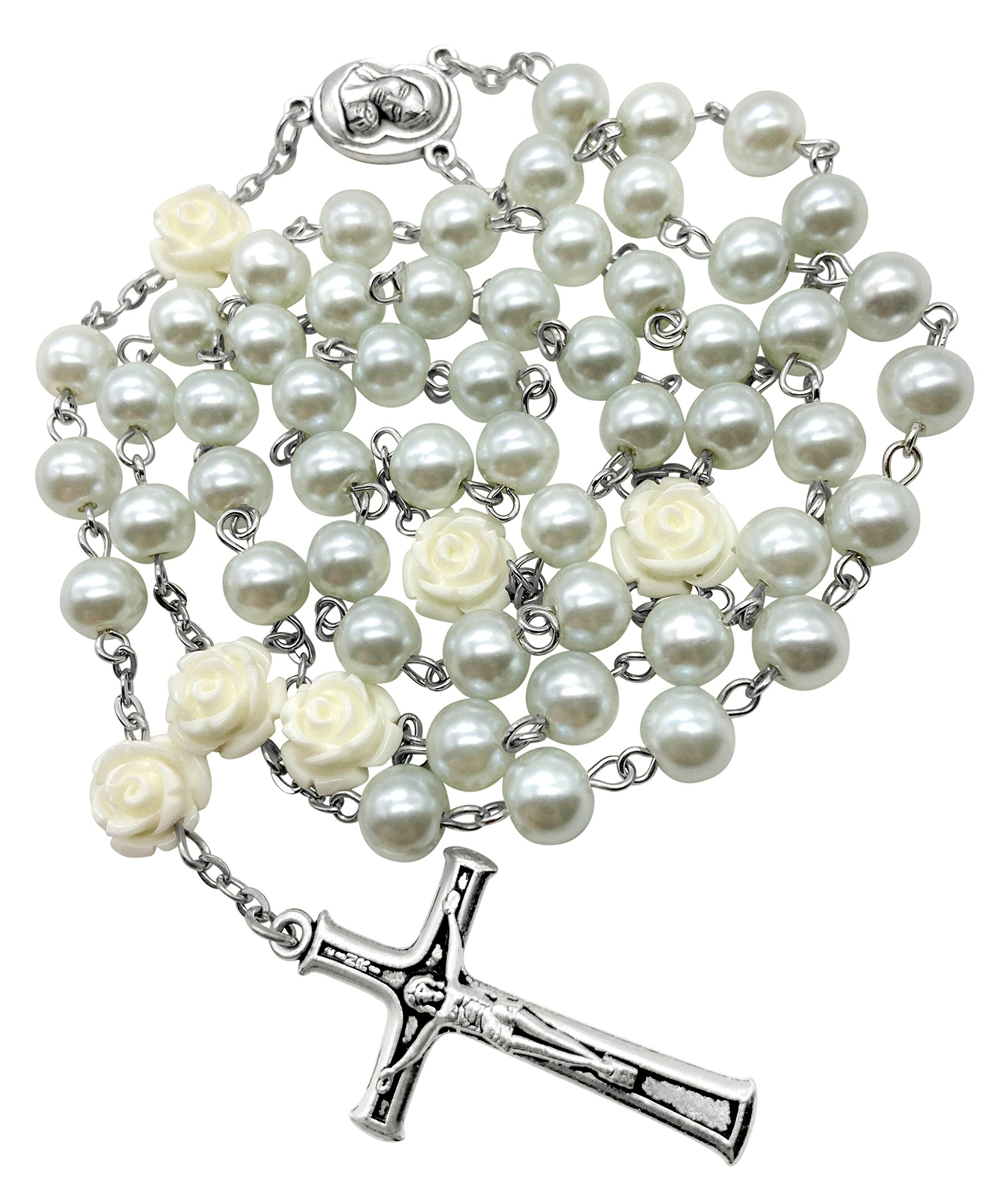 Nazareth Store White Pearl Beads Rosary Roses Mystery Beads Prayer Necklace Our Rose Lourdes Medal and Cross Crucifix - Image 4