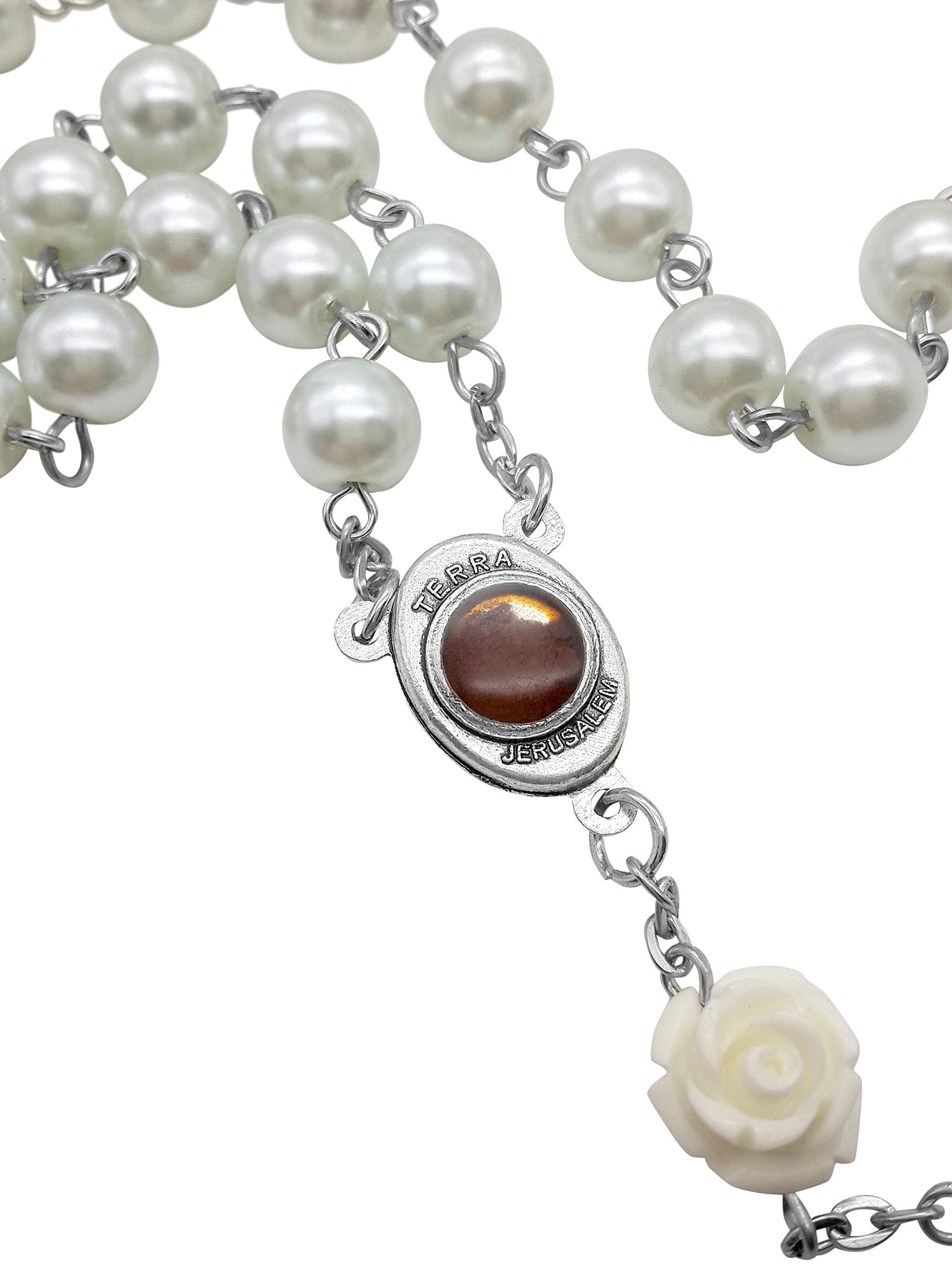 Nazareth Store White Pearl Beads Rosary Roses Mystery Beads Prayer Necklace Our Rose Lourdes Medal and Cross Crucifix - Image 5