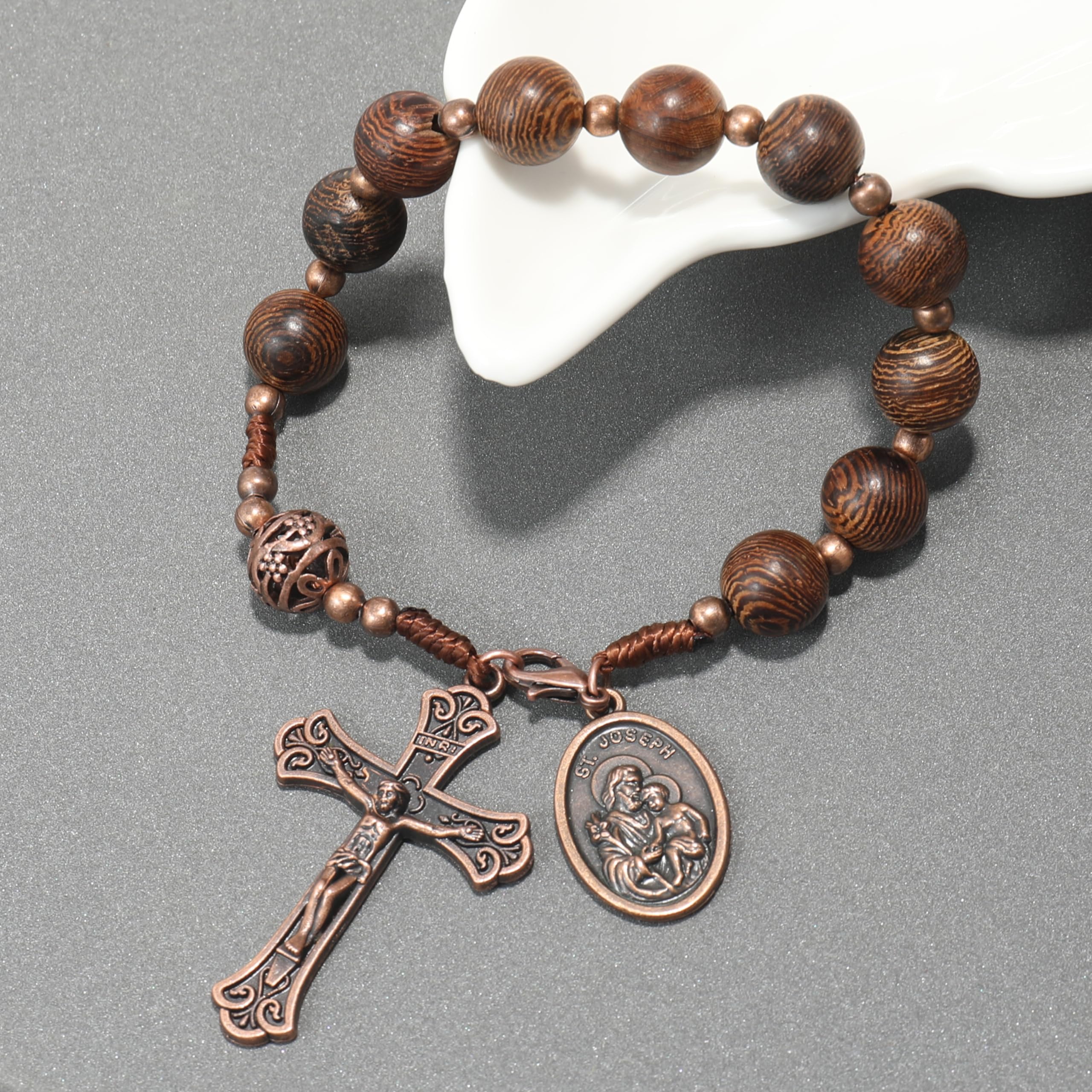 Nazareth Store Wood Beads One Decade Rosary Handmade Pocket Car Mirror with Saint Medal and Jesus Cross in Antique Bronze Wooden Travel Friendly Rosary - Image 3