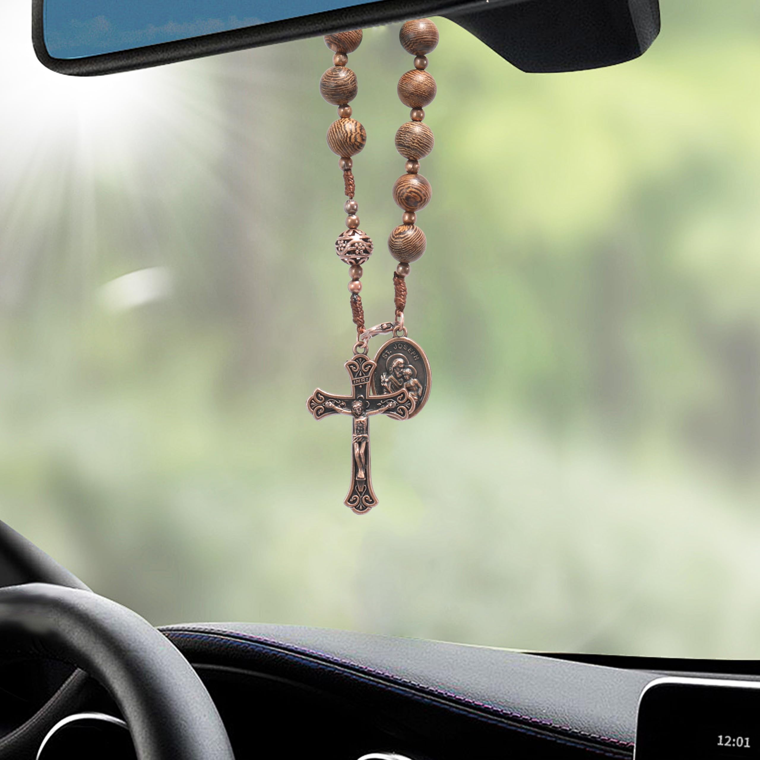 Nazareth Store Wood Beads One Decade Rosary Handmade Pocket Car Mirror with Saint Medal and Jesus Cross in Antique Bronze Wooden Travel Friendly Rosary - Image 4