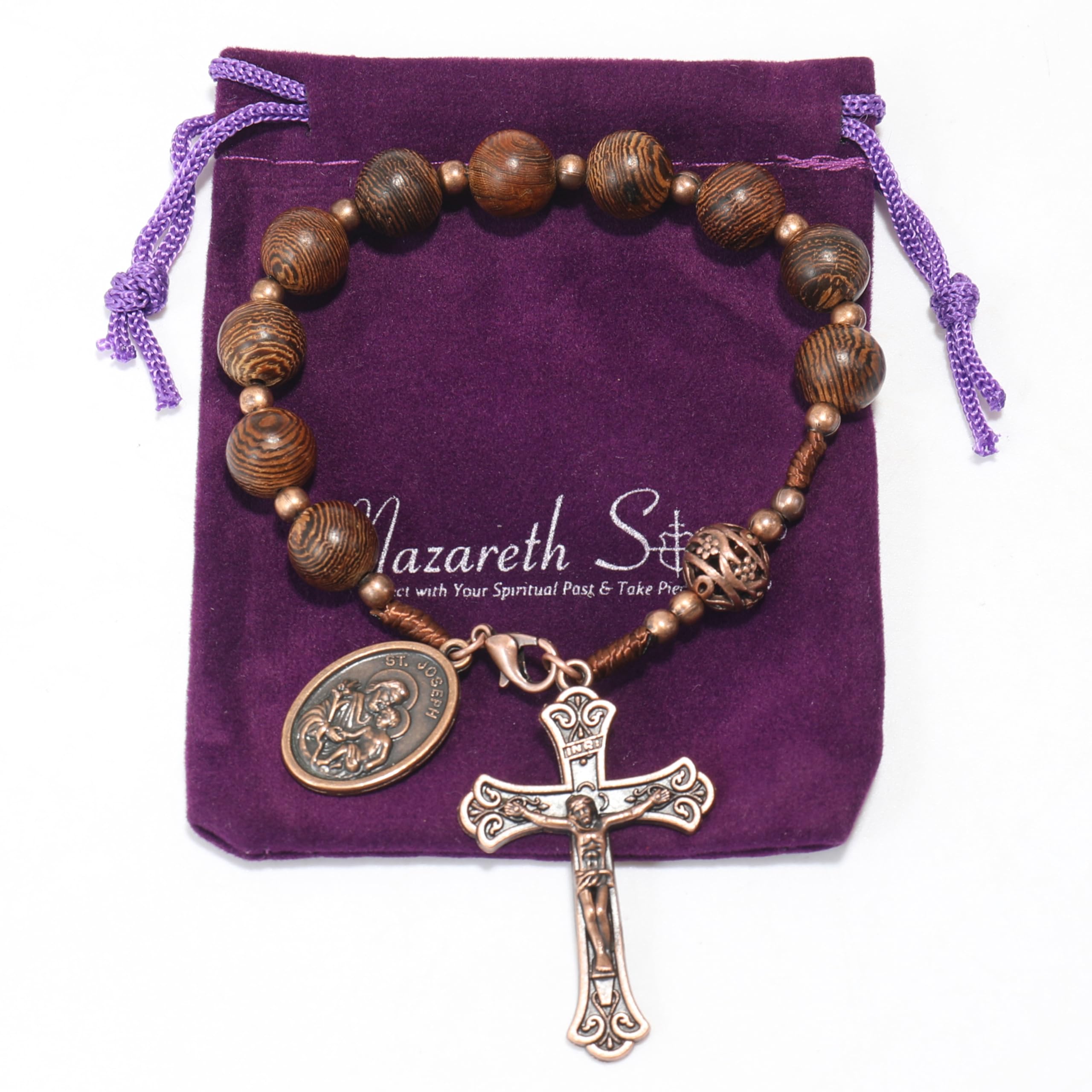 Nazareth Store Wood Beads One Decade Rosary Handmade Pocket Car Mirror with Saint Medal and Jesus Cross in Antique Bronze Wooden Travel Friendly Rosary - Image 5