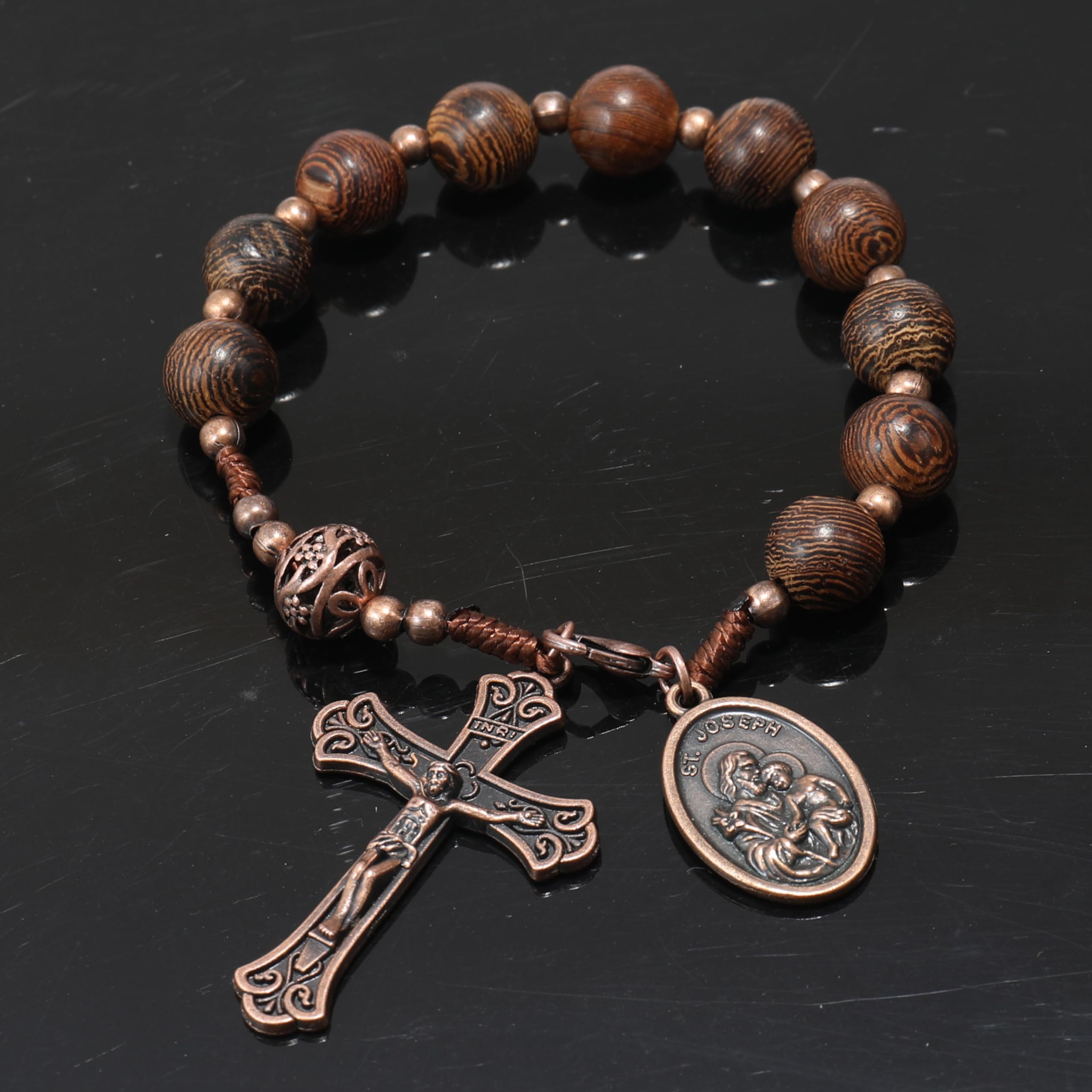 Nazareth Store Wood Beads One Decade Rosary Handmade Pocket Car Mirror with Saint Medal and Jesus Cross in Antique Bronze Wooden Travel Friendly Rosary - Image 6