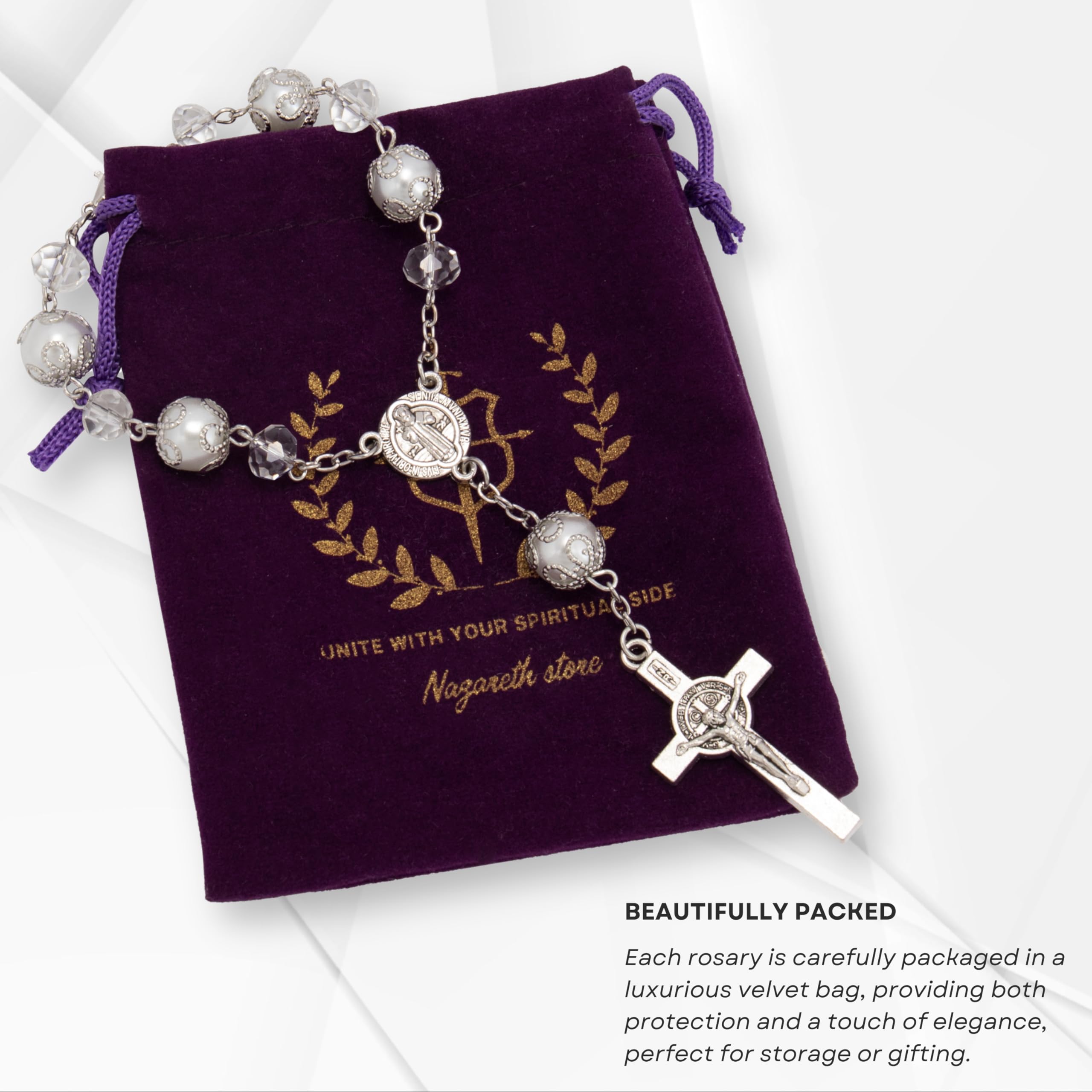 One Decade Car Rosary, St. Benedict Medal Interior Rear View Mirror Charm Auto Rosary, Catholic Rosary Hanging Pendant, Interior Men Women Car Accessories (White) - Image 3