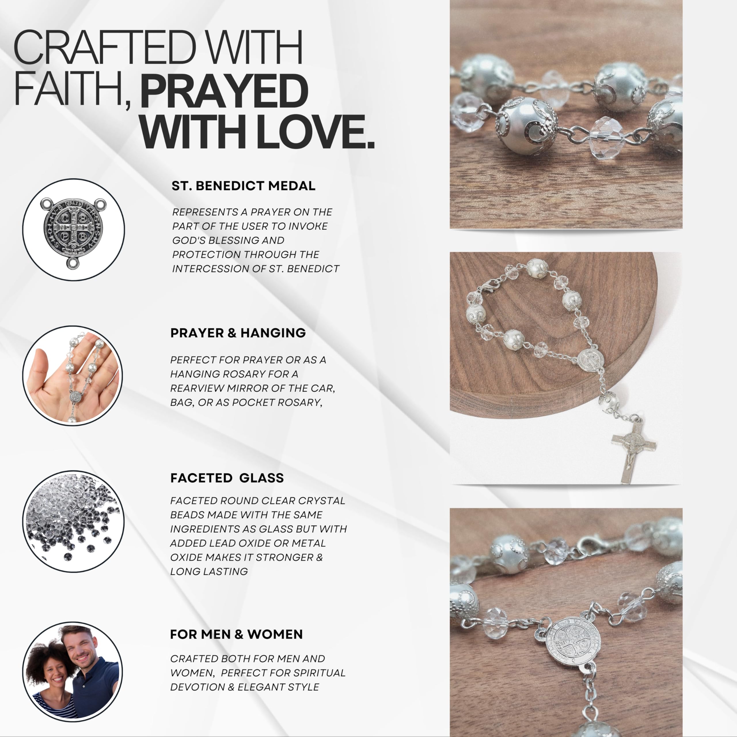 One Decade Car Rosary, St. Benedict Medal Interior Rear View Mirror Charm Auto Rosary, Catholic Rosary Hanging Pendant, Interior Men Women Car Accessories (White) - Image 4