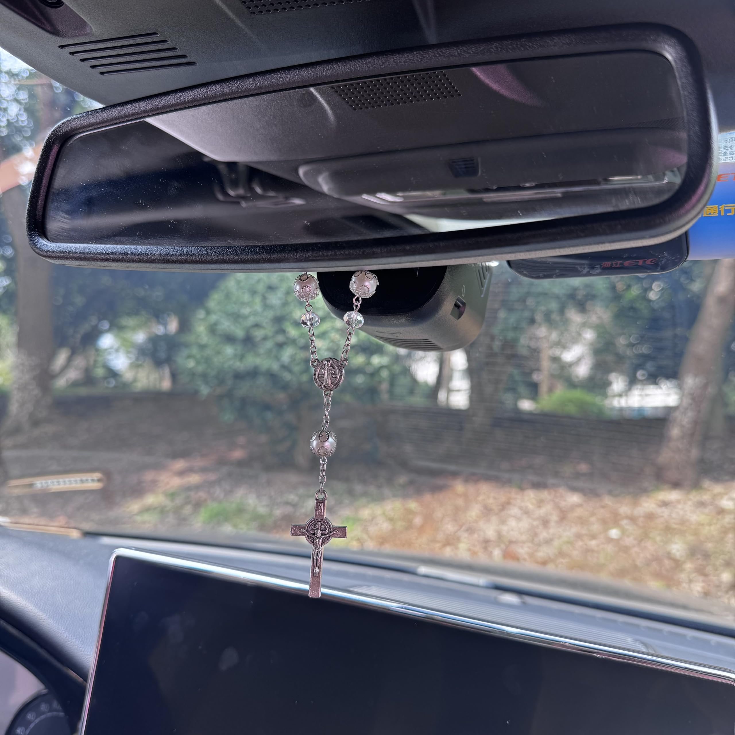 One Decade Car Rosary, St. Benedict Medal Interior Rear View Mirror Charm Auto Rosary, Catholic Rosary Hanging Pendant, Interior Men Women Car Accessories (White) - Image 5