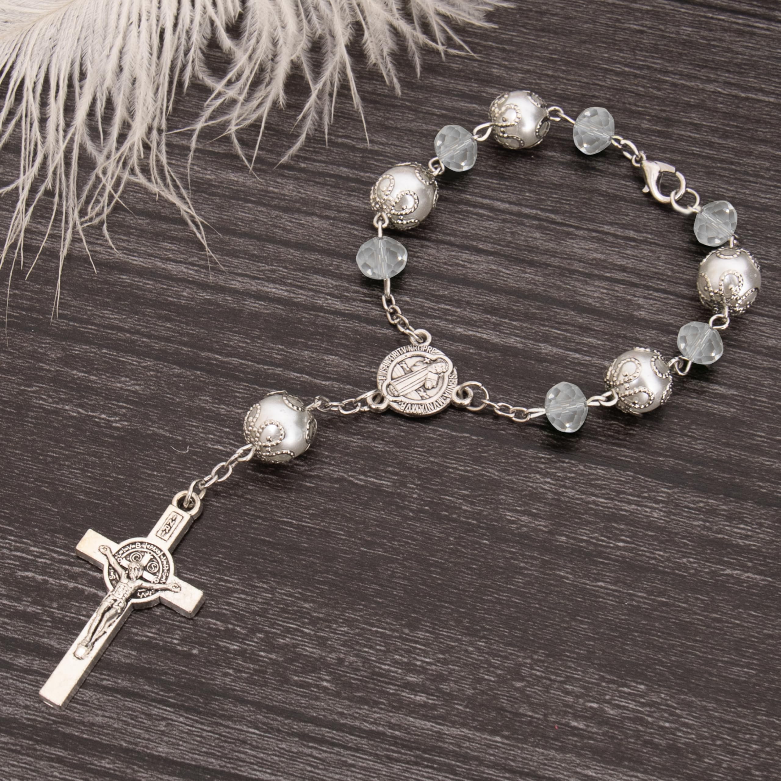 One Decade Car Rosary, St. Benedict Medal Interior Rear View Mirror Charm Auto Rosary, Catholic Rosary Hanging Pendant, Interior Men Women Car Accessories (White) - Image 6